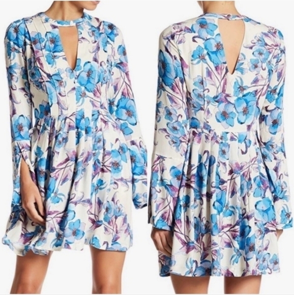 Free People Tegan Blue Purple Floral Print Long Sleeve Cut Out Neck Mini Dress - Picture 1 of 15